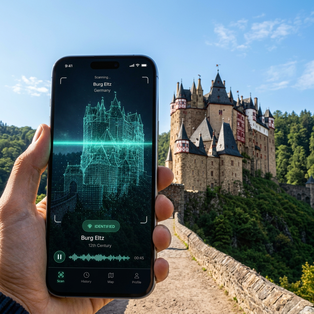 TourPix identifying a floodlit castle at dusk with the AI landmark scanner